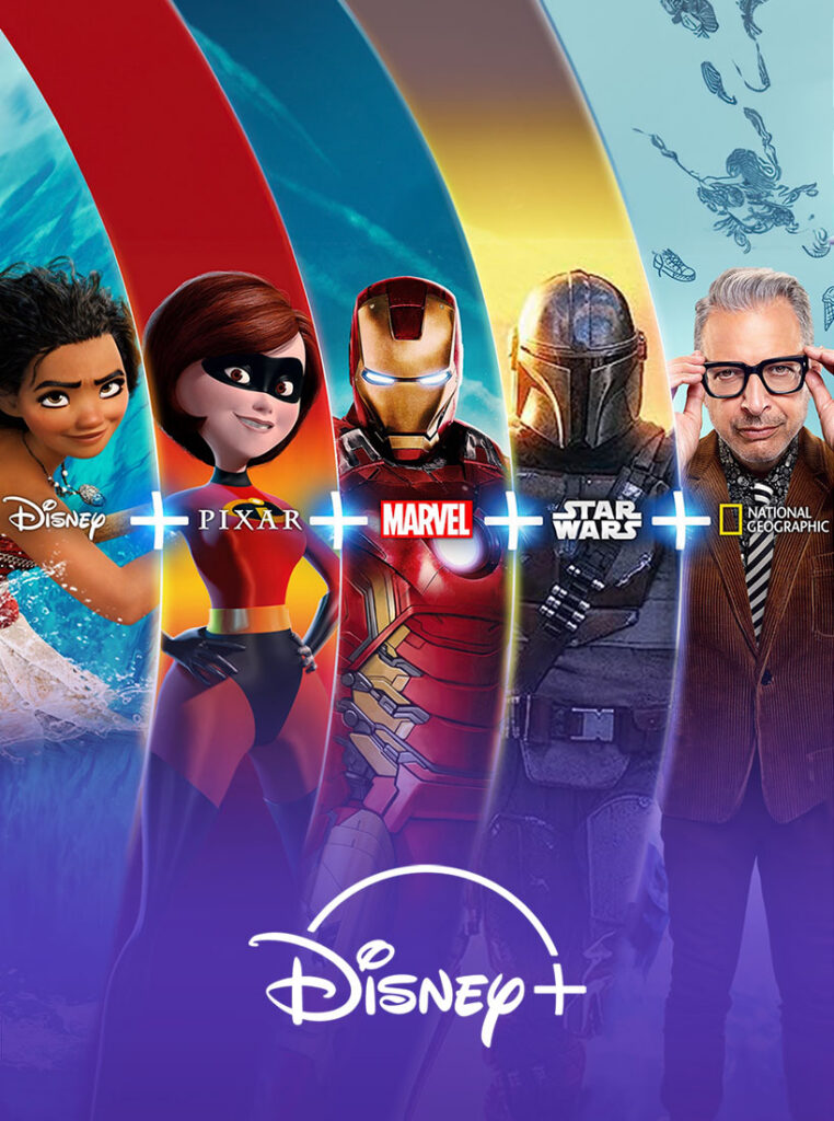 Disney+ logo with Disney, Pixar, Marvel, Star Wars, and National Geographic characters