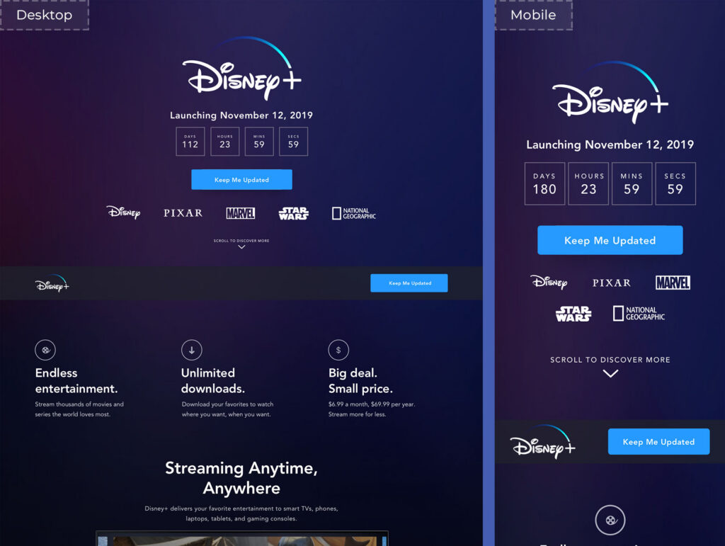 Disney+ pre-launch splash page mockup