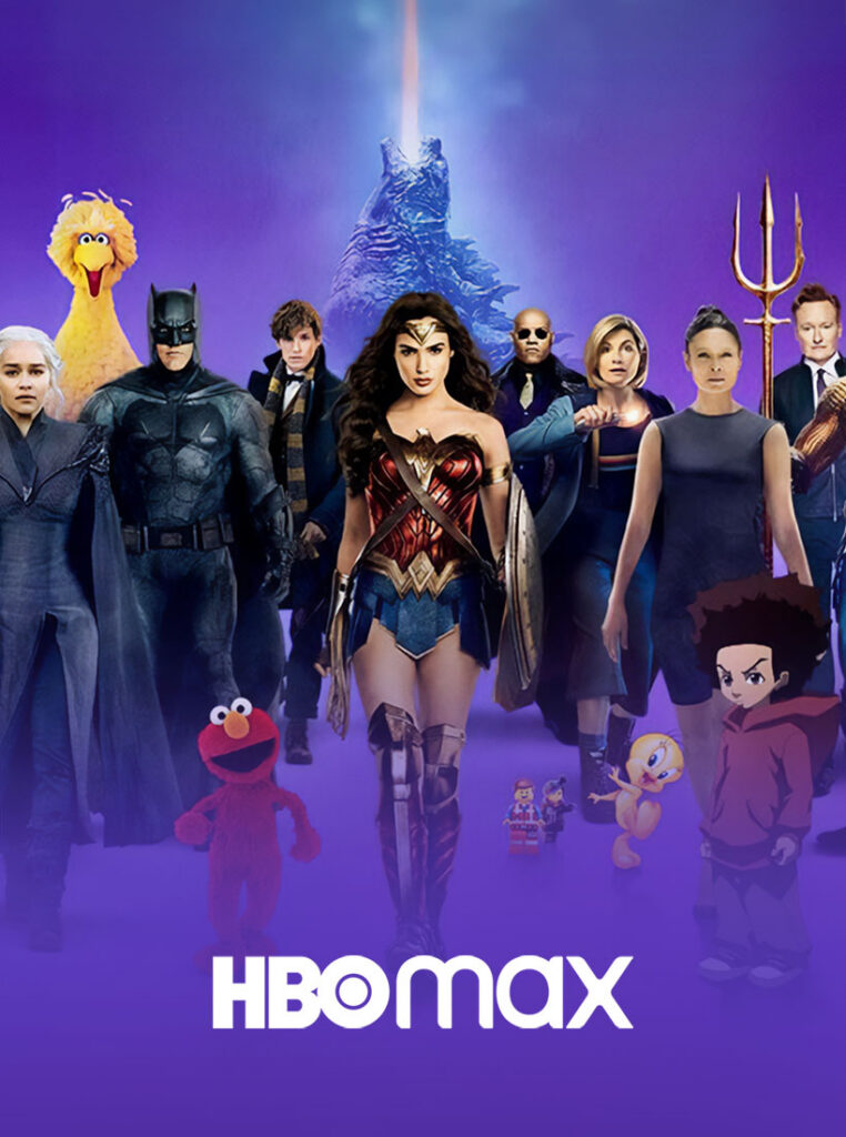HBO Max logo with lineup of iconic HBO Max characters
