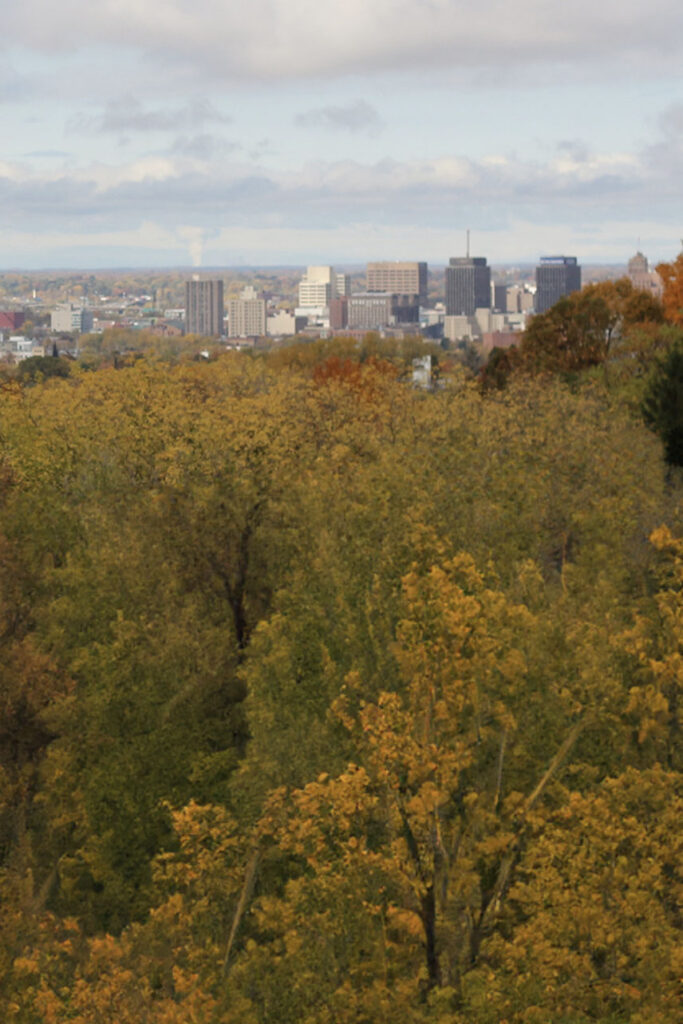 Aerial autumn view of Syracuse from a hillside overlook, skyline visible in the distance