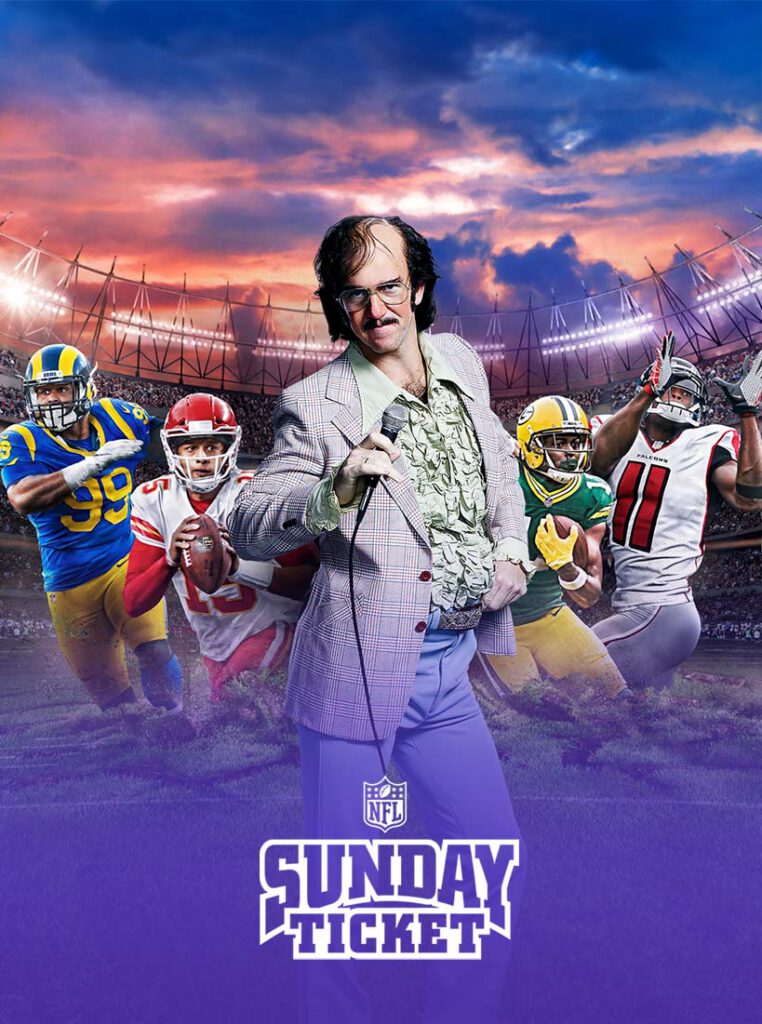 NFL Sunday Ticket ad featuring retro sportscaster and football players
