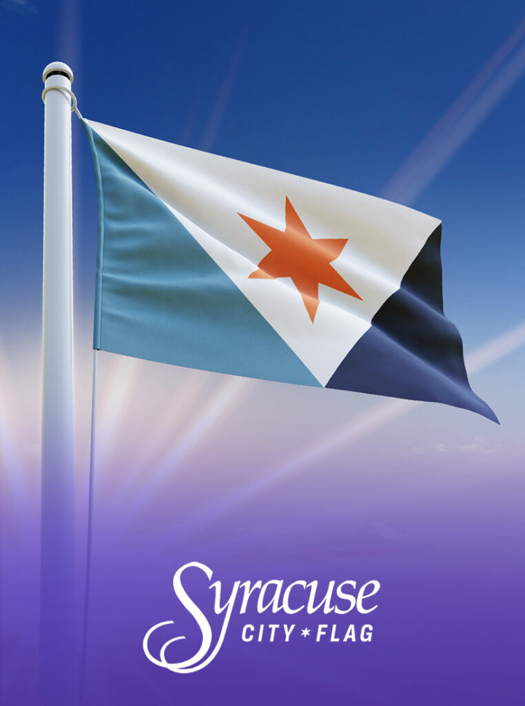 Syracuse city flag waving on flagpole against blue sky